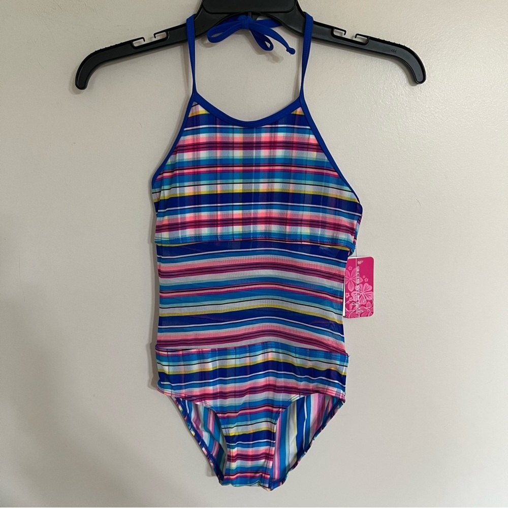 Gossip Girl Girls Multi Color Striped Mesh Overlay One Piece Swimsuit Size 8 NWT